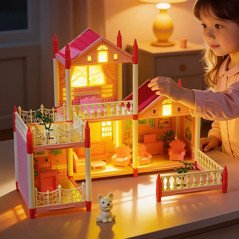 Criança brincando com a casinha iluminada